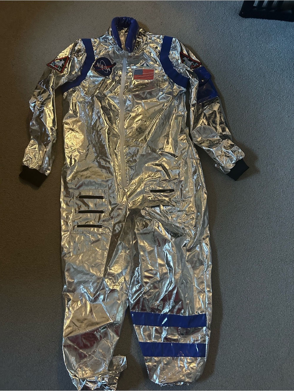 NASA Silver Metallic Space Suit Jumpsuit with Blue Trim